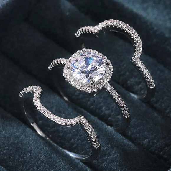 ▶3pcs/set Engagement Square Zircon Silver Classic Romantic Ring Set, L121